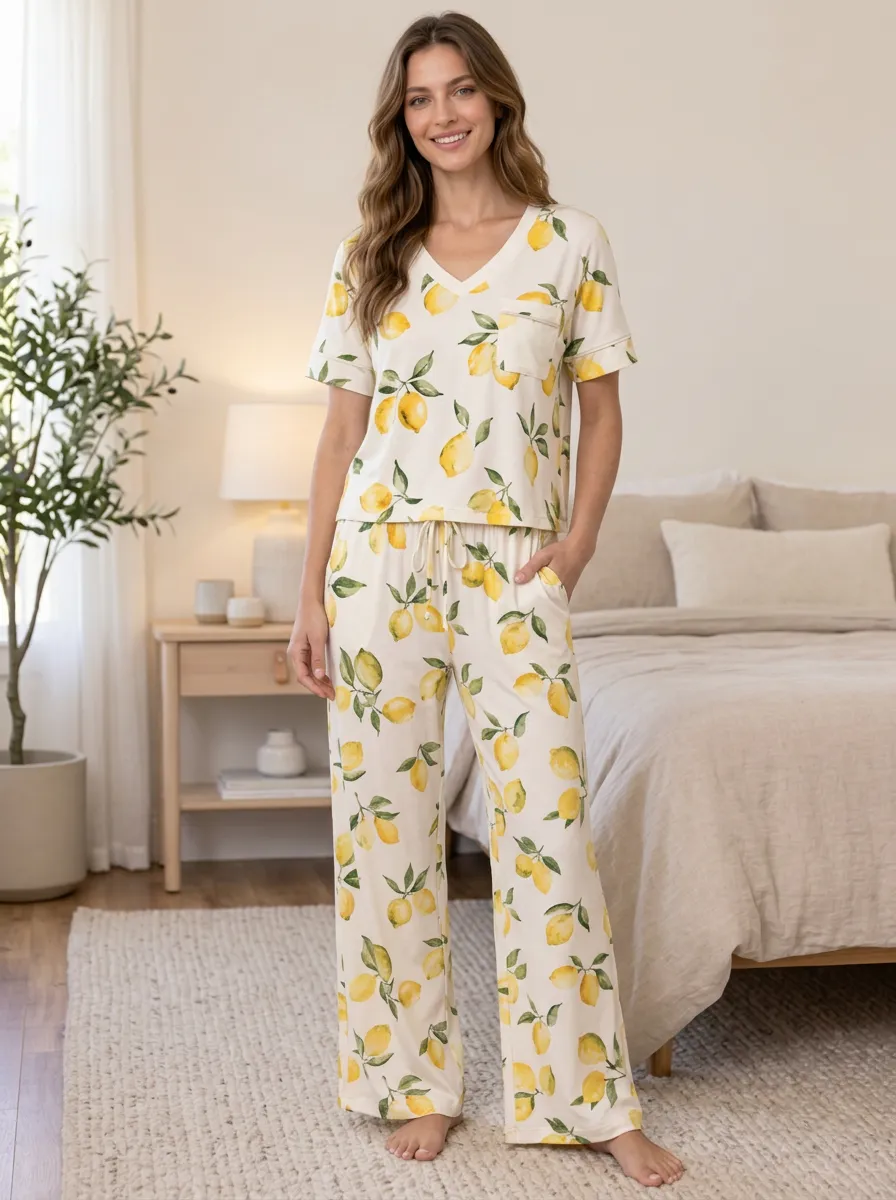 Botanical Leaf Fruit V-Neck Short Sleeve Women's Printed Pajama Set