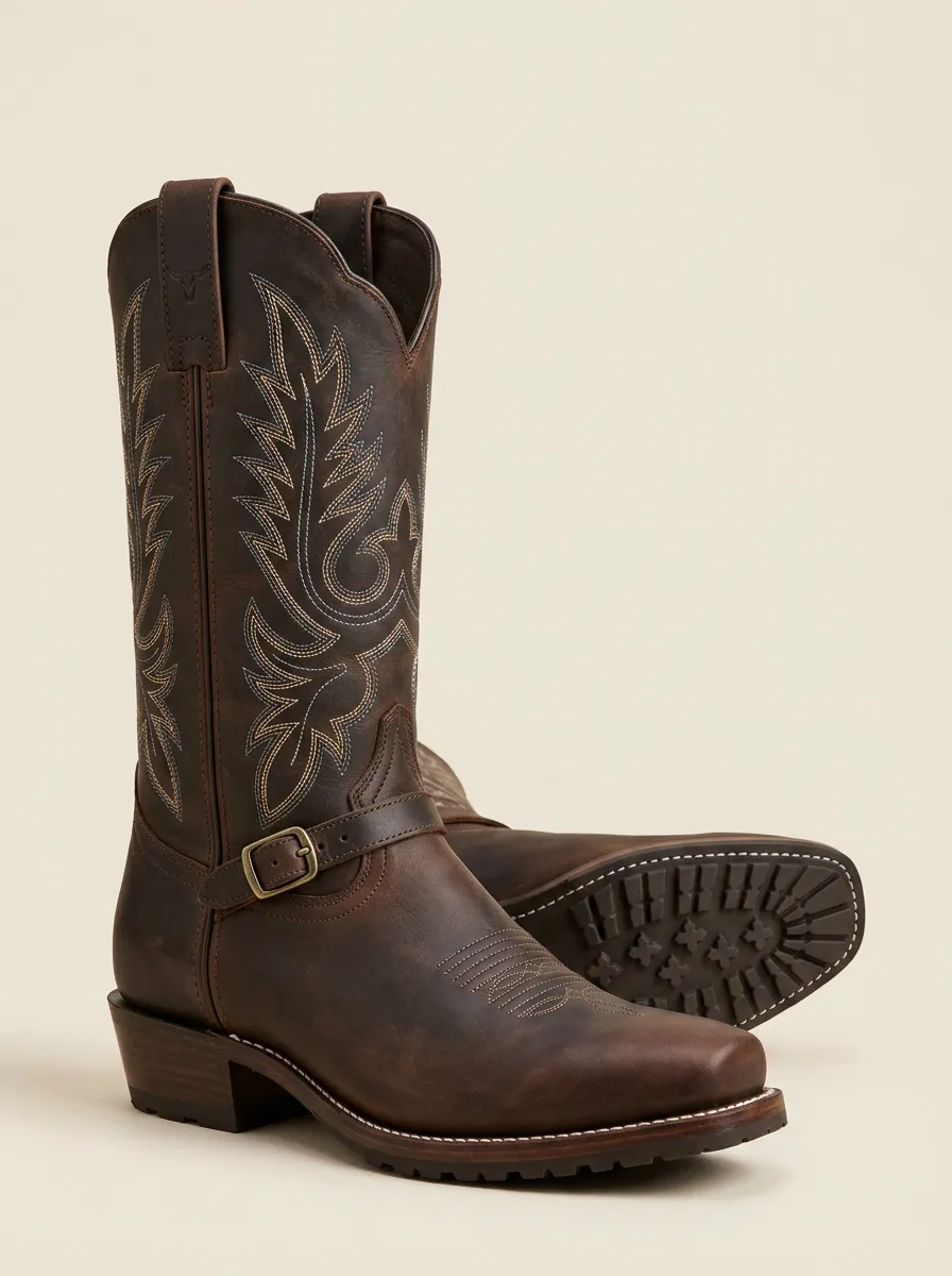 Men's Western Cowboy Brown Leather Embroidered Buckle Printed Boots