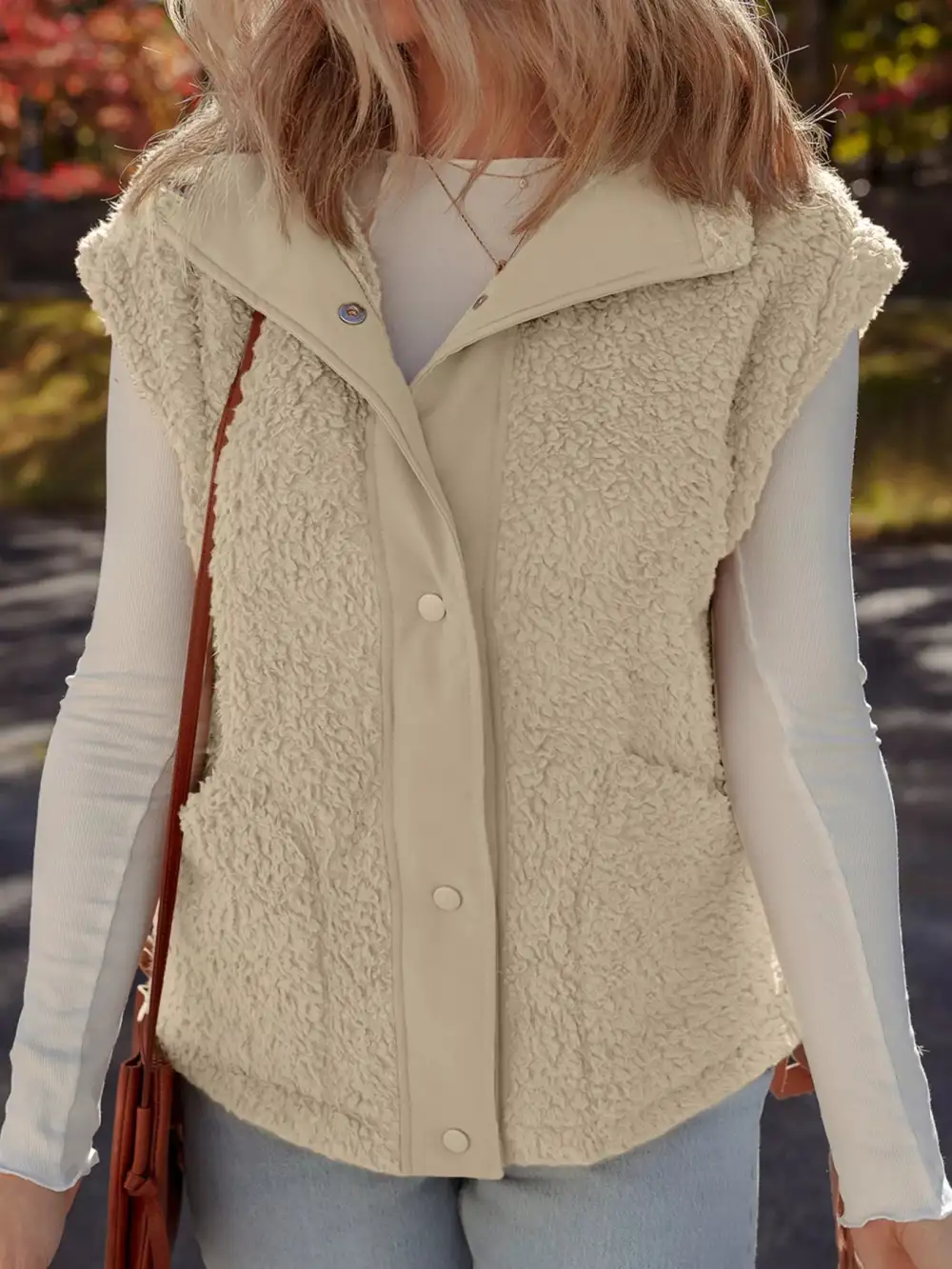 Faux Fur Snap Button Front Knot Side Plush Vest With Pockets