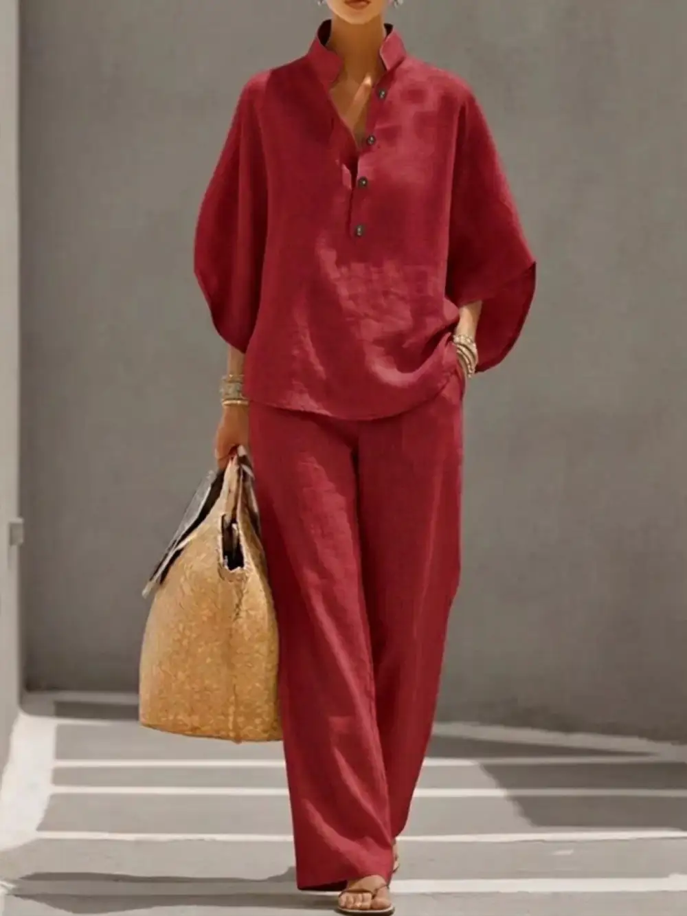 Full Size Button Detail Sleeve Top and Pants Set Plus Size