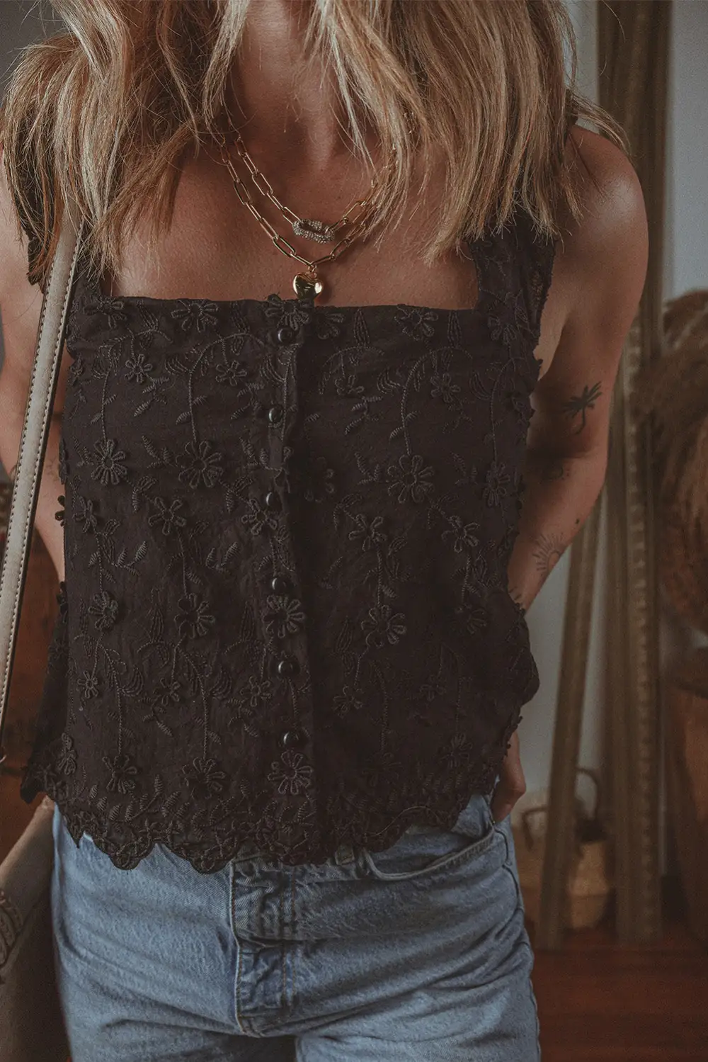 Square-Neck Button-Detail Embroidered Floral  Tank Top