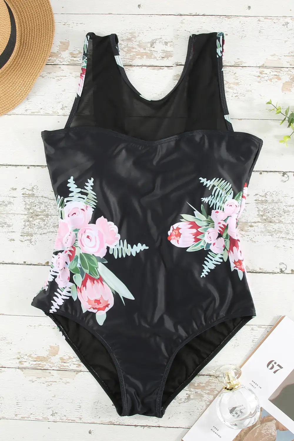 Floral Mesh Ladder Hollow-out Back One Piece Swimwear