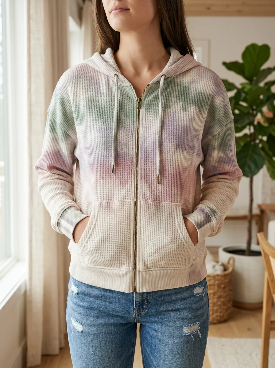 Women's Tie-Dye Waffle Knit Zip-Up Hoodie
