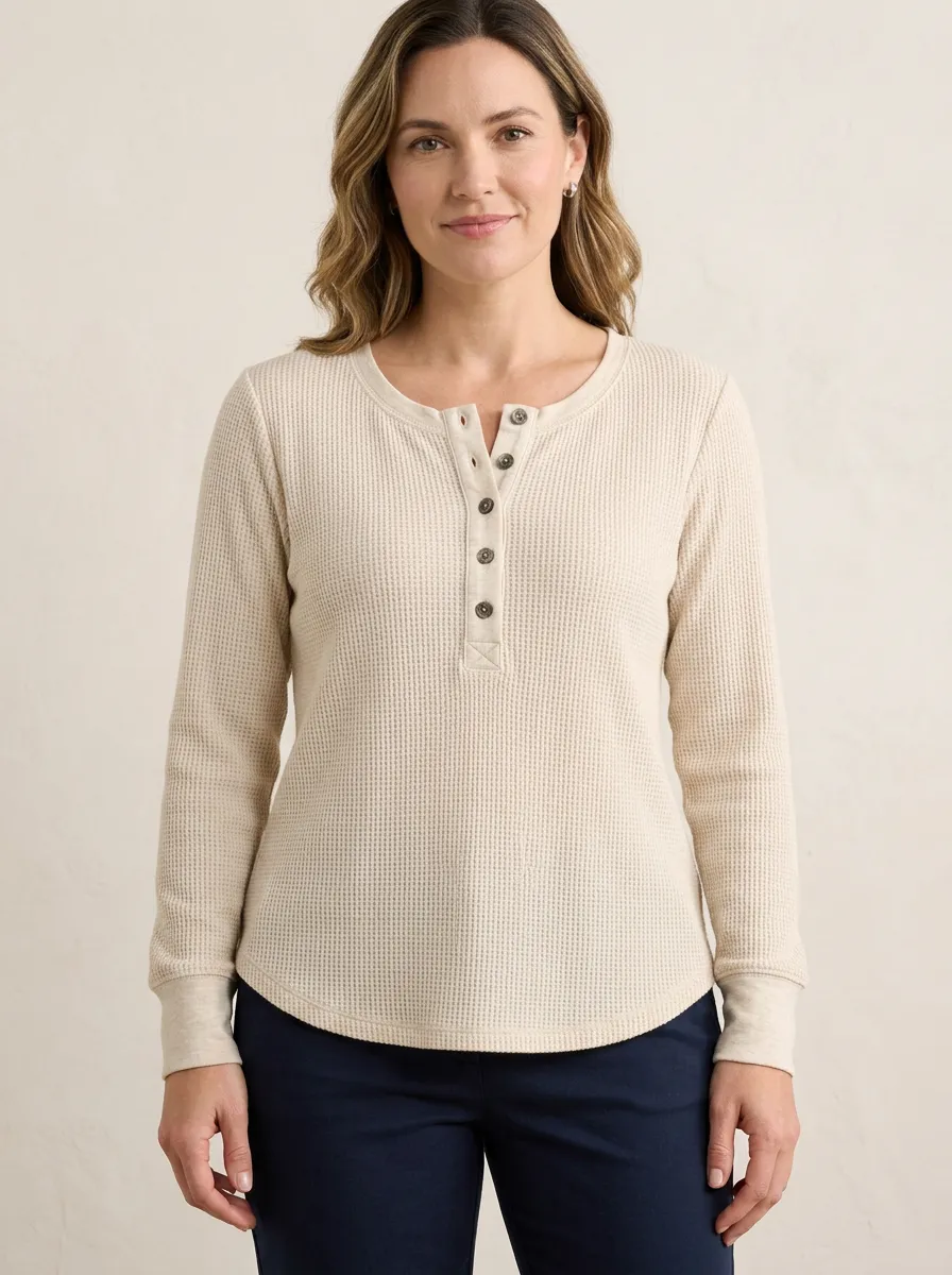 Women's Casual Minimalist Beige Waffle Knit Henley Shirt