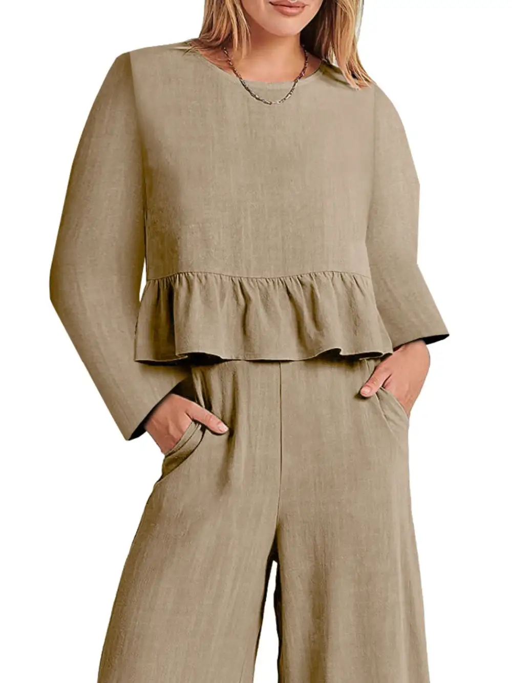 Ruffled Hem Long Sleeve Top and Pants Set