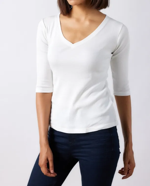 Soft White Ribbed V-Neck Tee