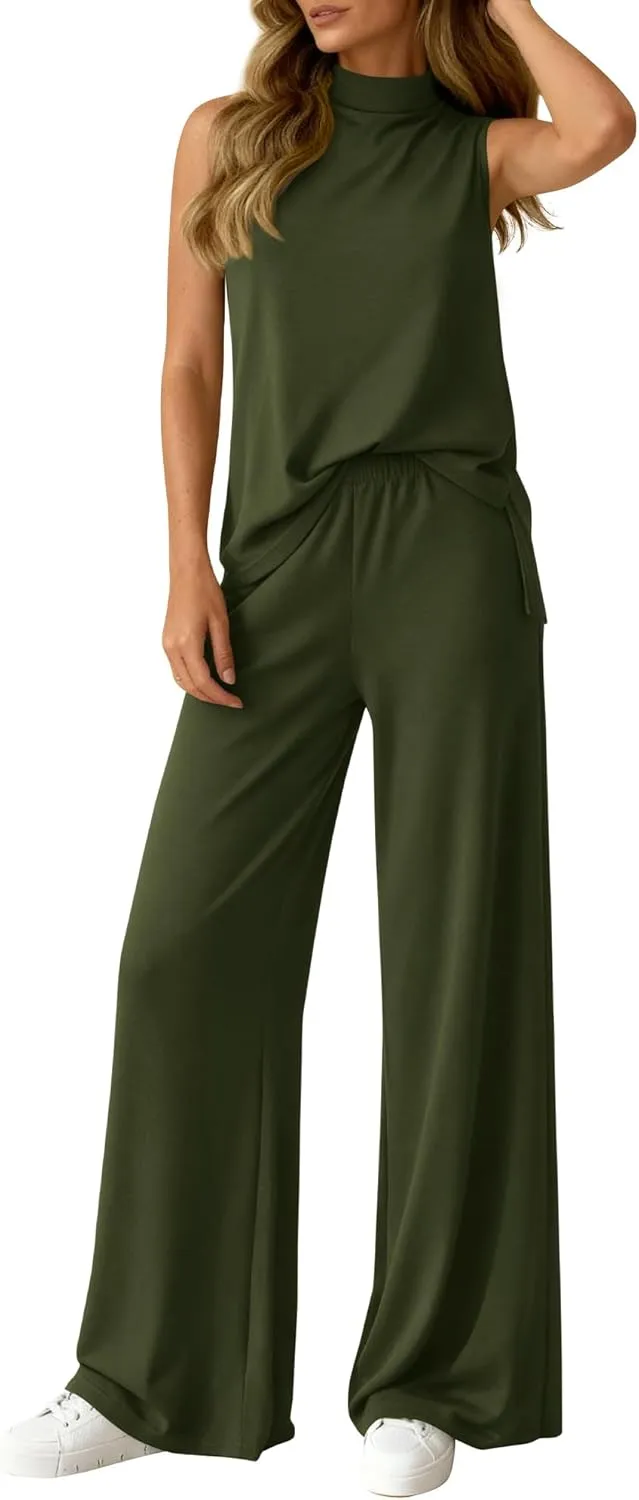 Summer 2 Piece Lounge Sets For Women Sleeveless Mock Neck Wide Leg Loose Spring Vacation Airport Travel Outfits