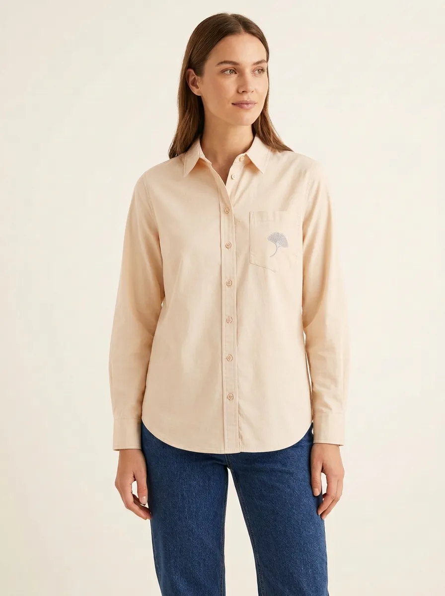 Women's Ginkgo-Embroidered Single-Pocket Point-Collar Shirt
