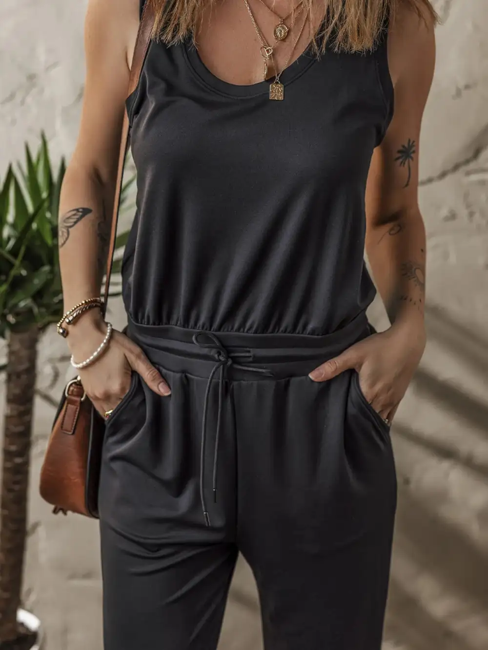 Tie Waist Sleeveless Jumpsuit Jogger Pants
