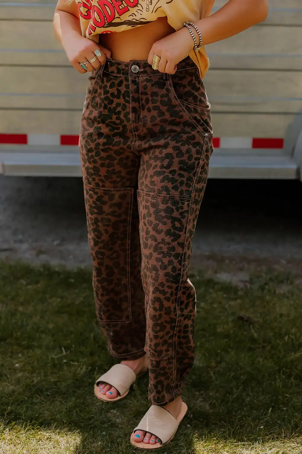 Women's Clear Seam Detail Patchwork Leopard Print Barrel Jeans