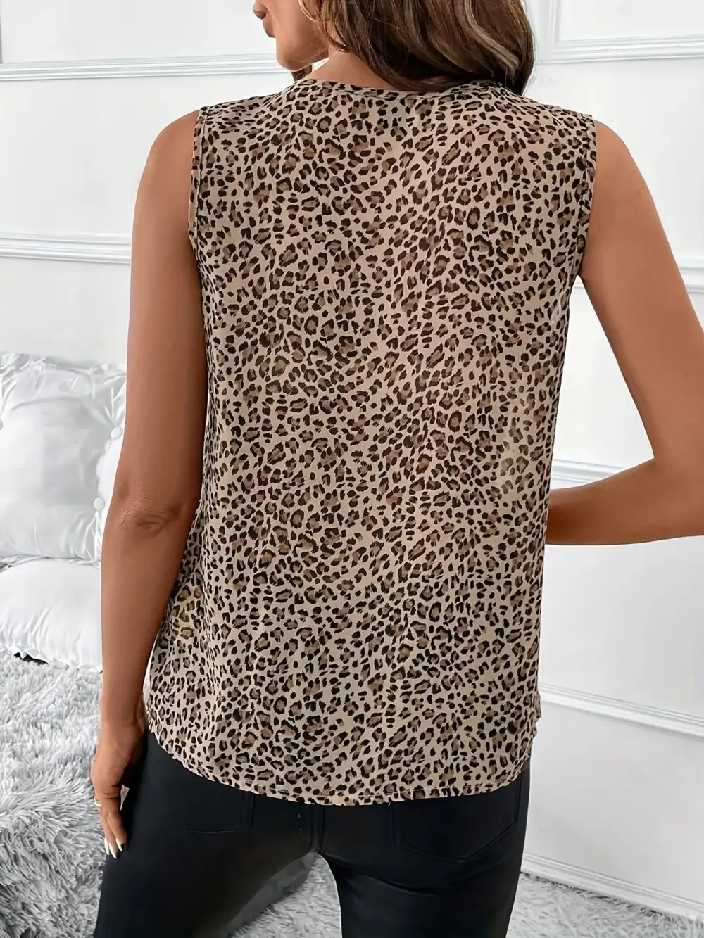 V-Neck Ruffled Leopard-Print Tank Top