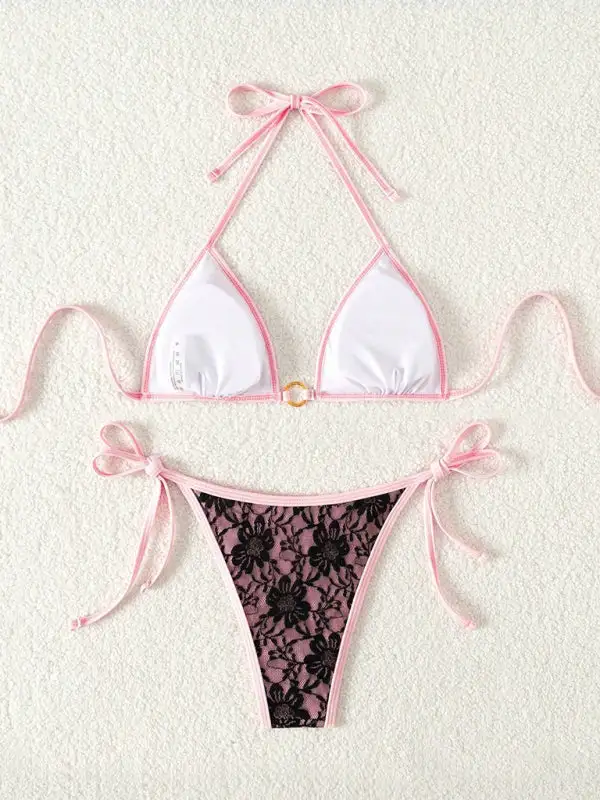 Lace Trim Natural Drape Swim Set