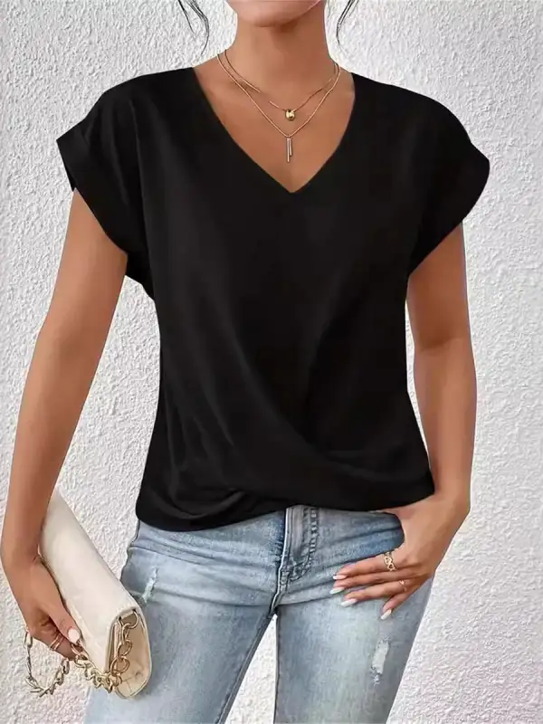 Relaxed Curve Fit Pleat Detail V-Neck Polyester T-Shirt