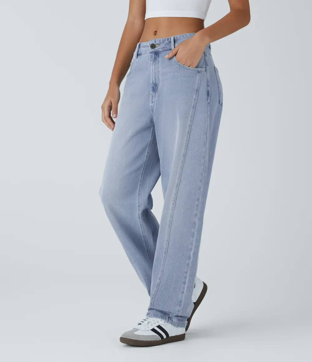 Magic Mid Low Rise Button Zipper Multiple Pockets Washed Stretchy Knit Casual Mom Jeans