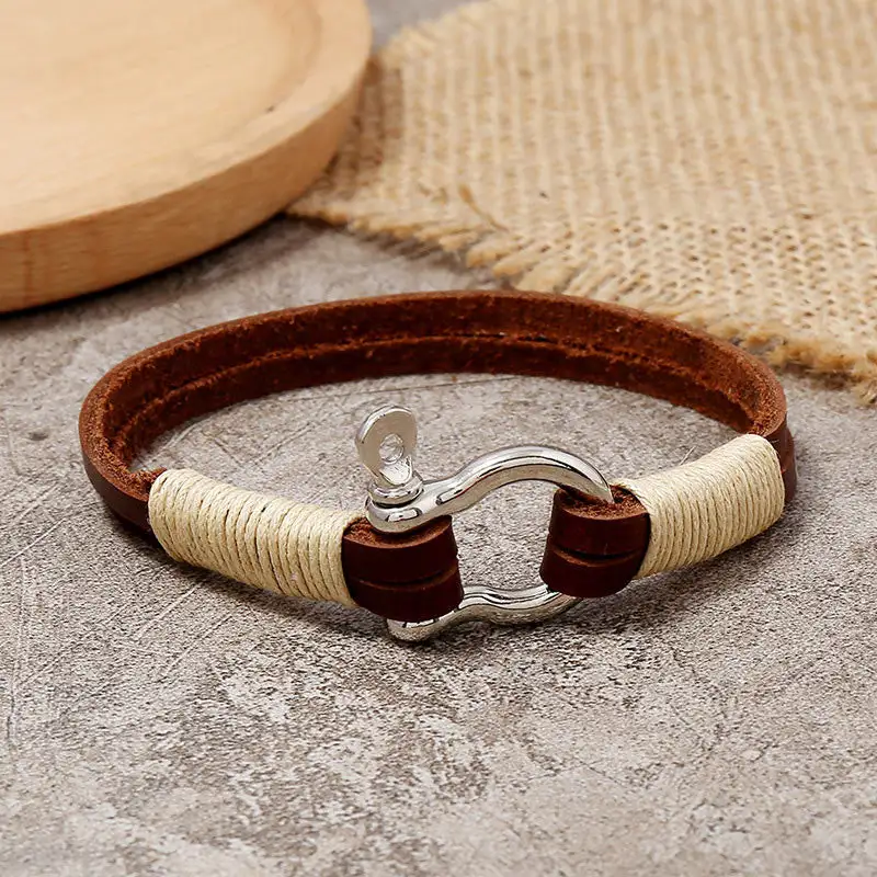 Leather Double Wrap Winding Thread Shackle Bracelet
