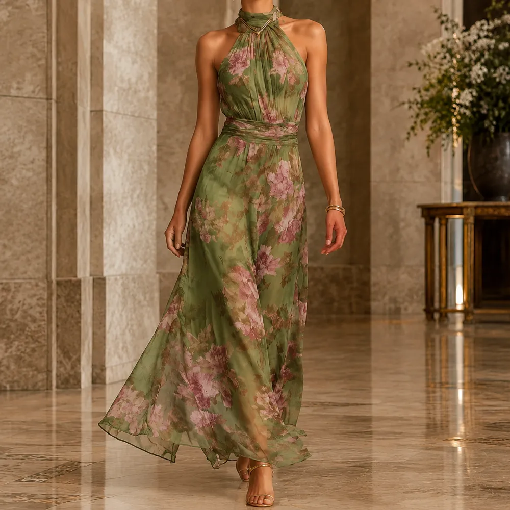 Ruched Floral Printed Maxi Dress