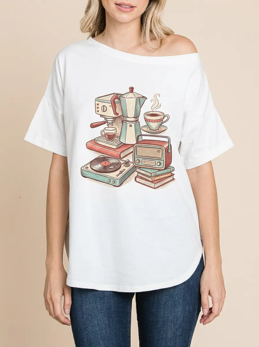 Women's Retro Coffee Music Book-Inspired Printed T-Shirt