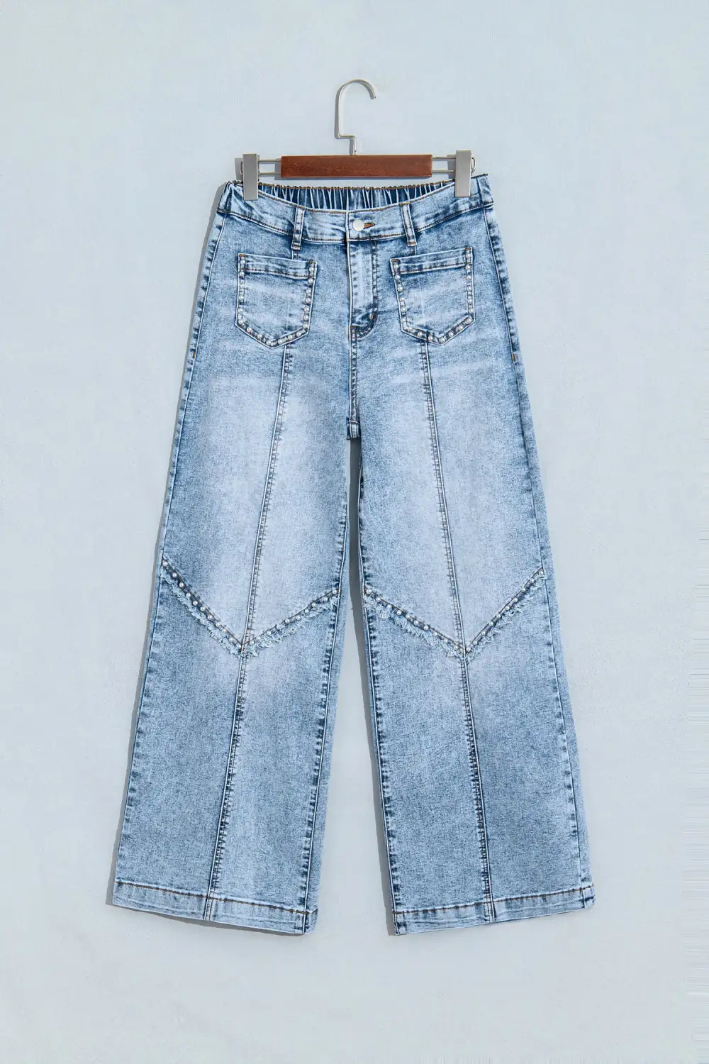 Women's Frayed Studded Detail Wide Leg Pocketed Jeans