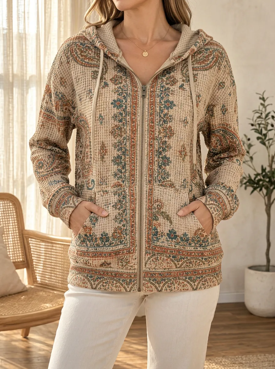 Women's Boho Floral Paisley Waffle Knit Printed Zip Hoodie