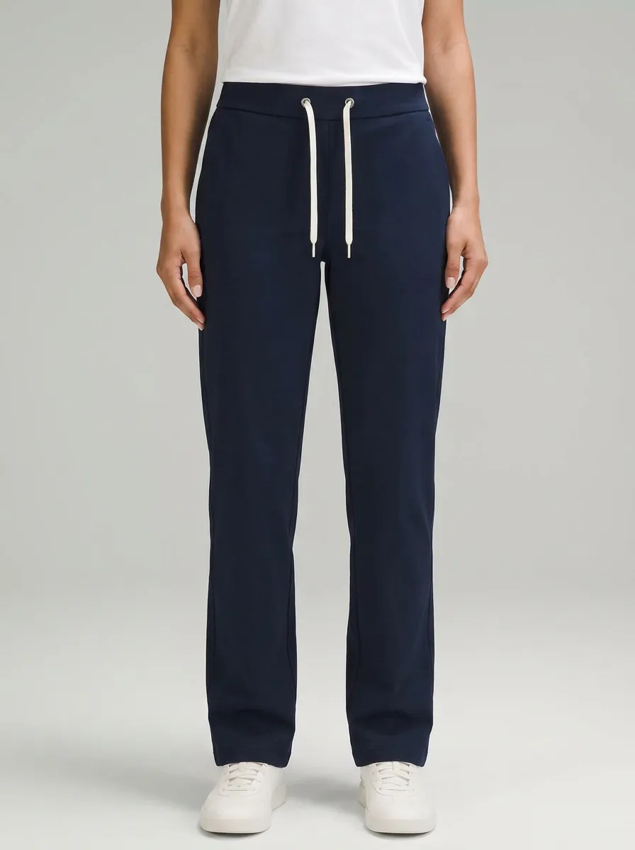 Women's Casual Minimalist Navy Drawstring Mid-Rise Straight Leg Pants
