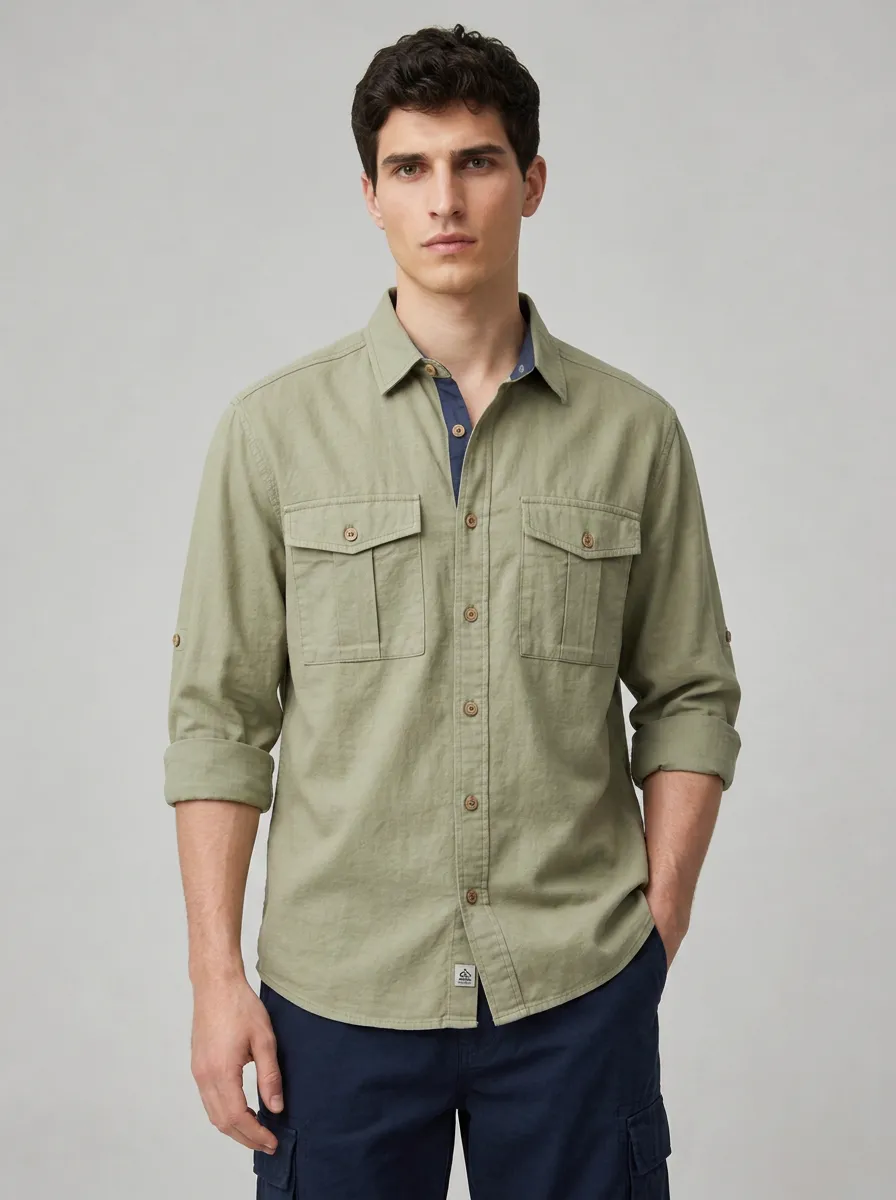Men's Casual Outdoor Olive Green Button-Down Cargo Shirt