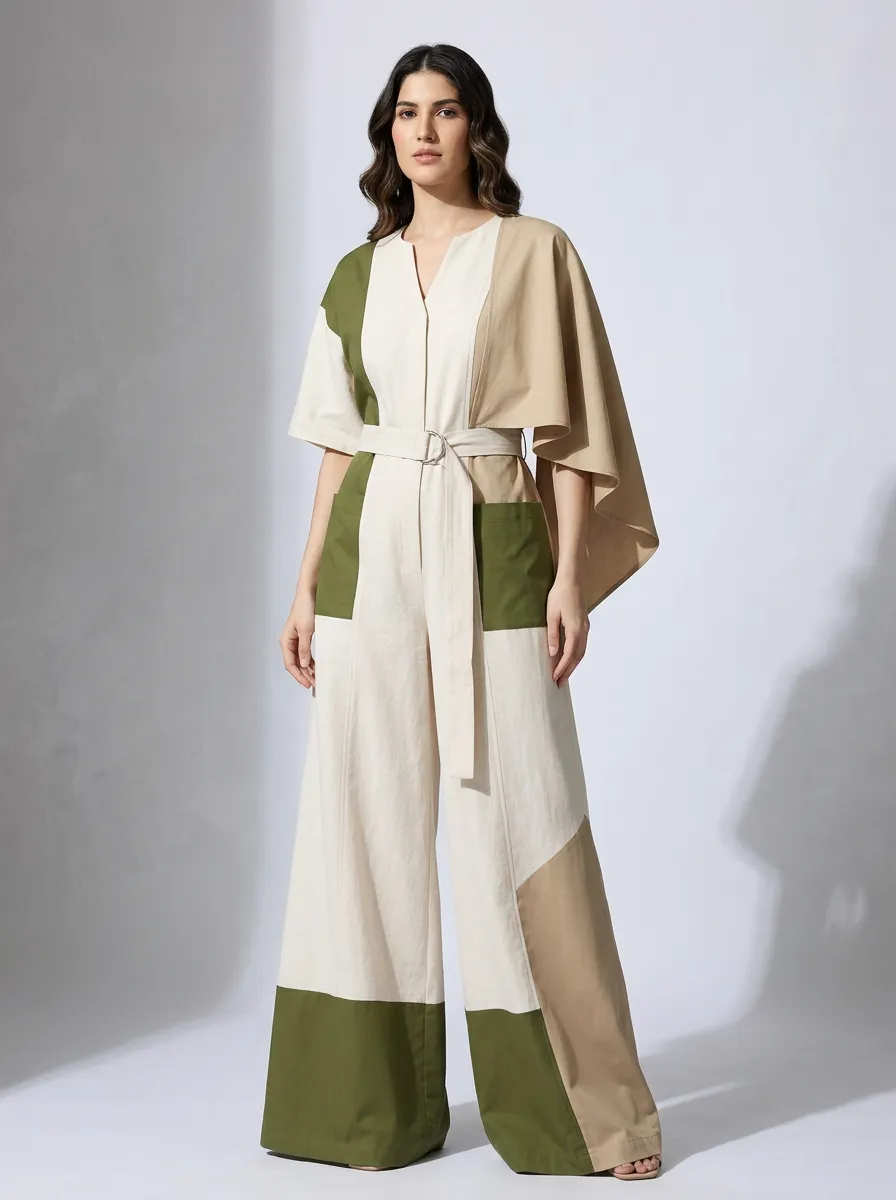 Women's Minimalist Earth Tone Colorblock Belted Jumpsuit