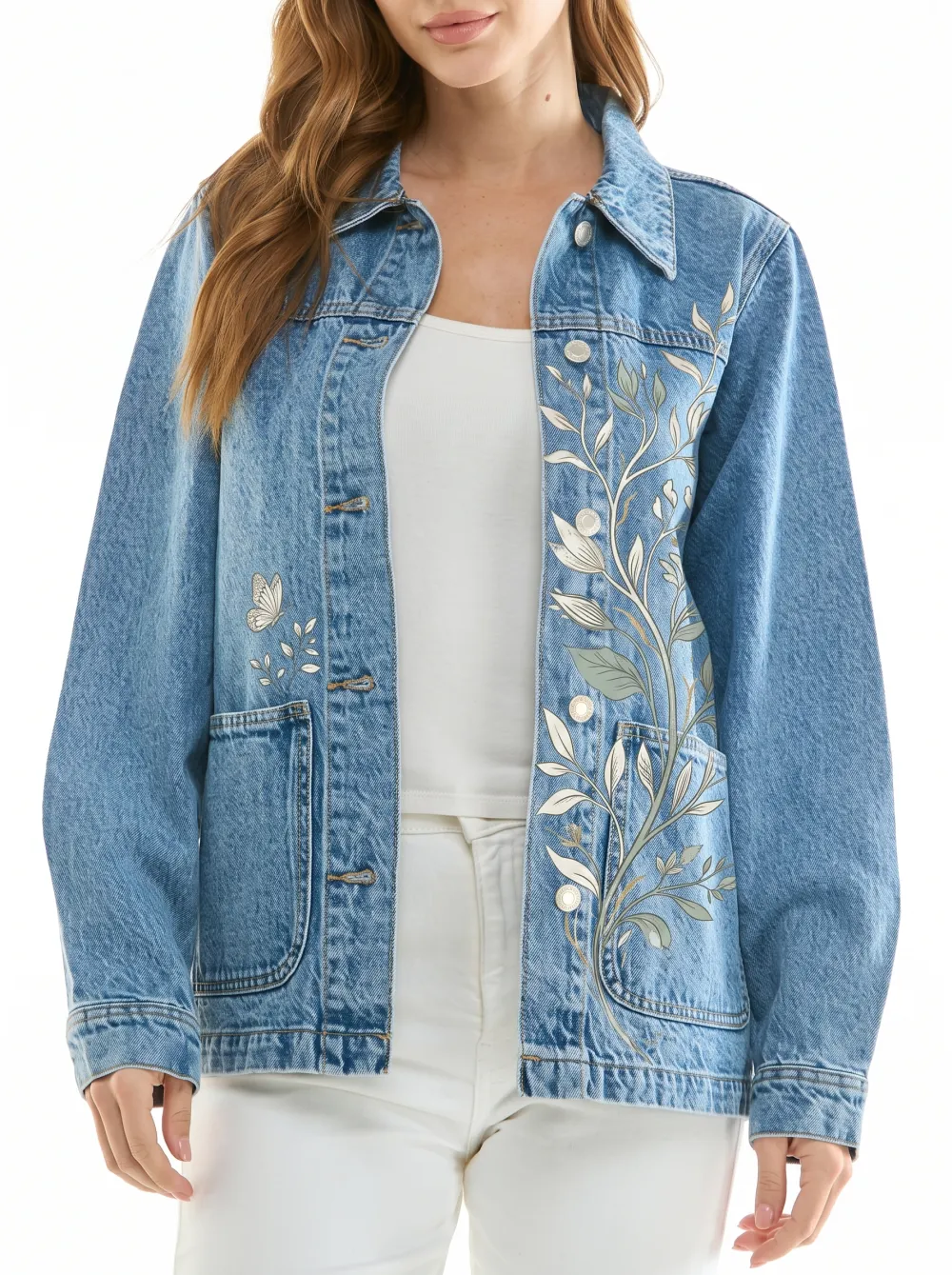 Women's Front Panel Floral Butterfly Nature Denim Jacket