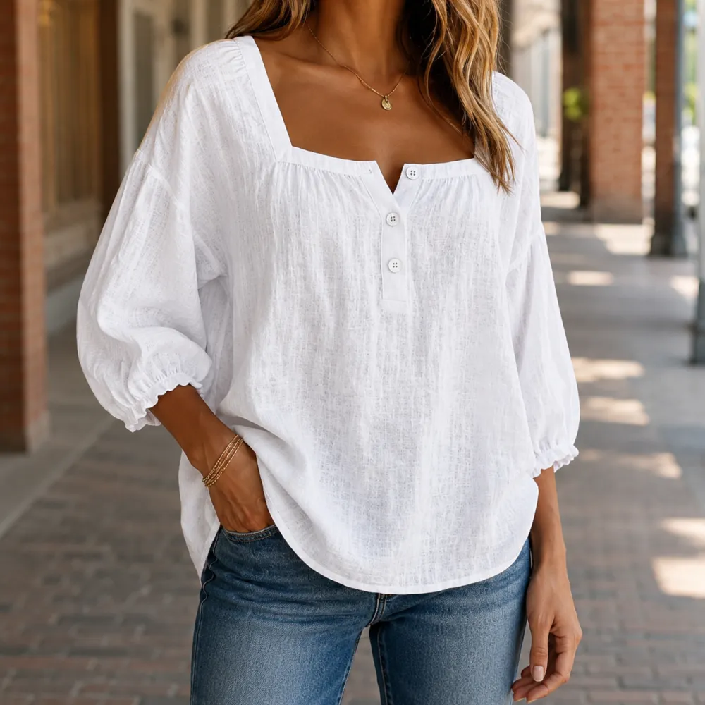 Square-Neck Cotton-Linen Blouse