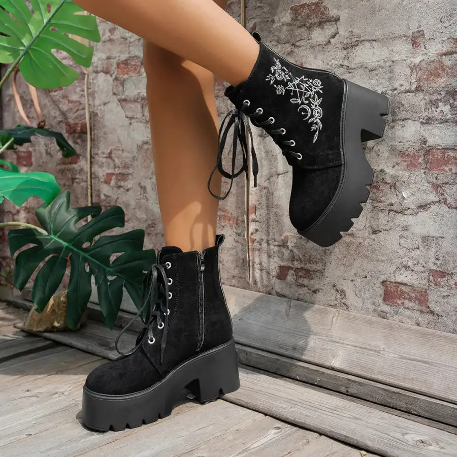 Embroidered Platform Combat Boots