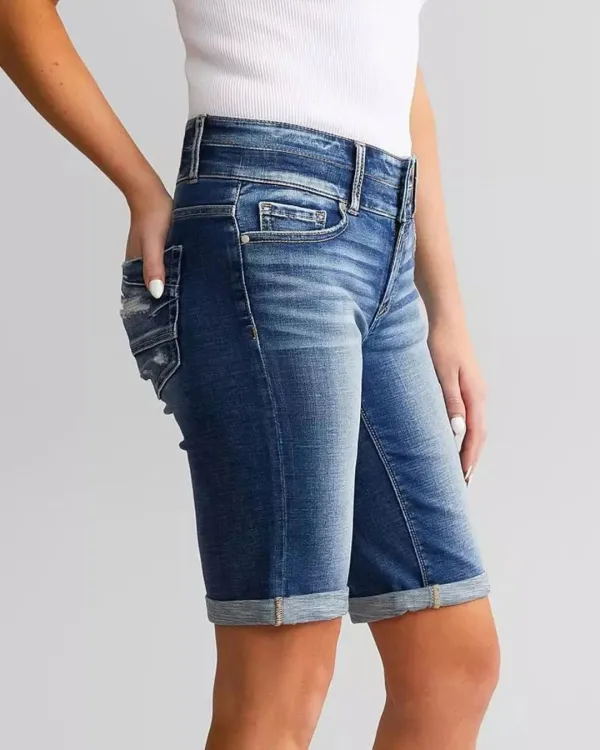Washed Stretch Double-Button Long Shorts