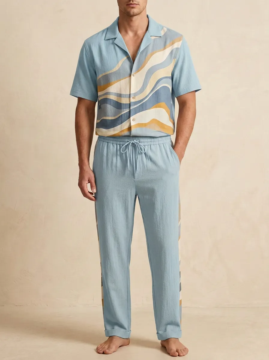 Men's Beach Vacation Wavy Stripe Printed Casual Set