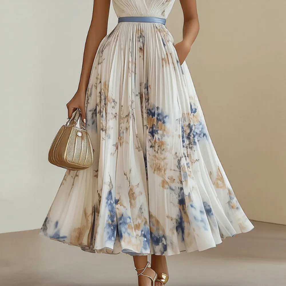  Pleated V Neck Maxi Dress