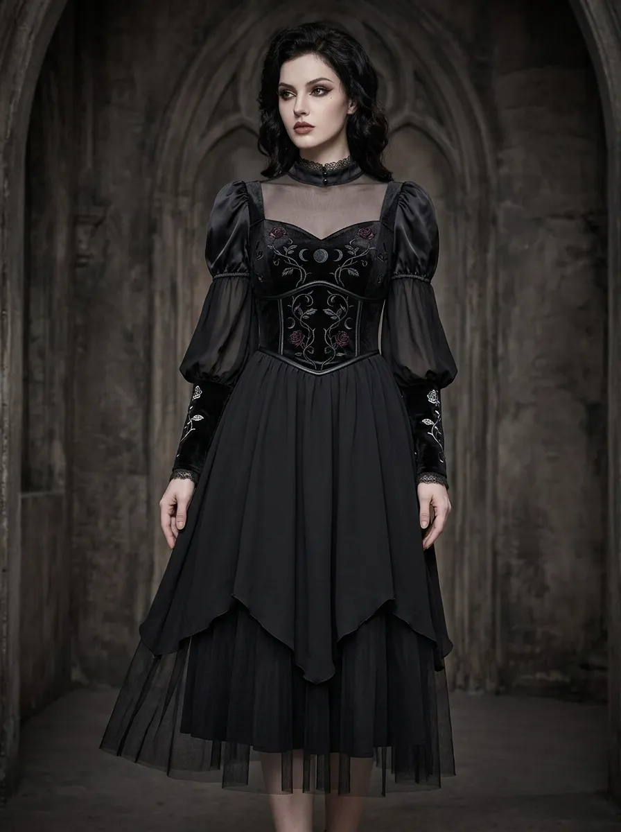Punk Rose Moon Embroidered Look Women's Gothic Dress