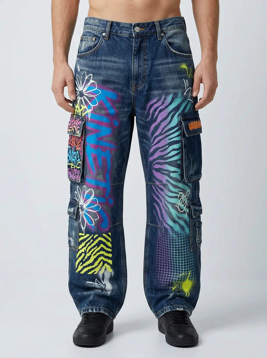 Men's Graffiti Zebra Floral Graphic Cargo Jeans