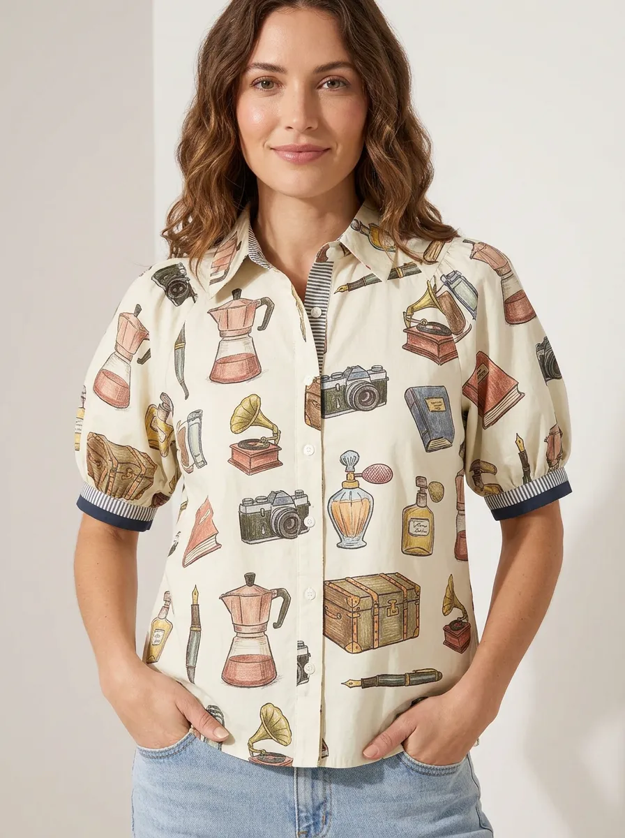 Women's Vintage Hobby Lover Camera Coffee Book Printed Shirt