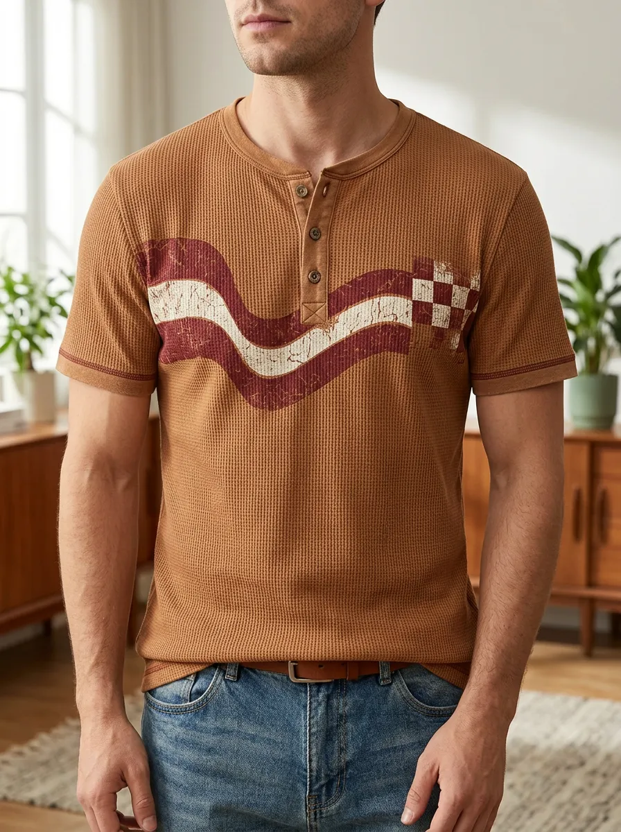 Men's Waffle Knit Wavy Checkered Pattern Printed Henley T-shirt