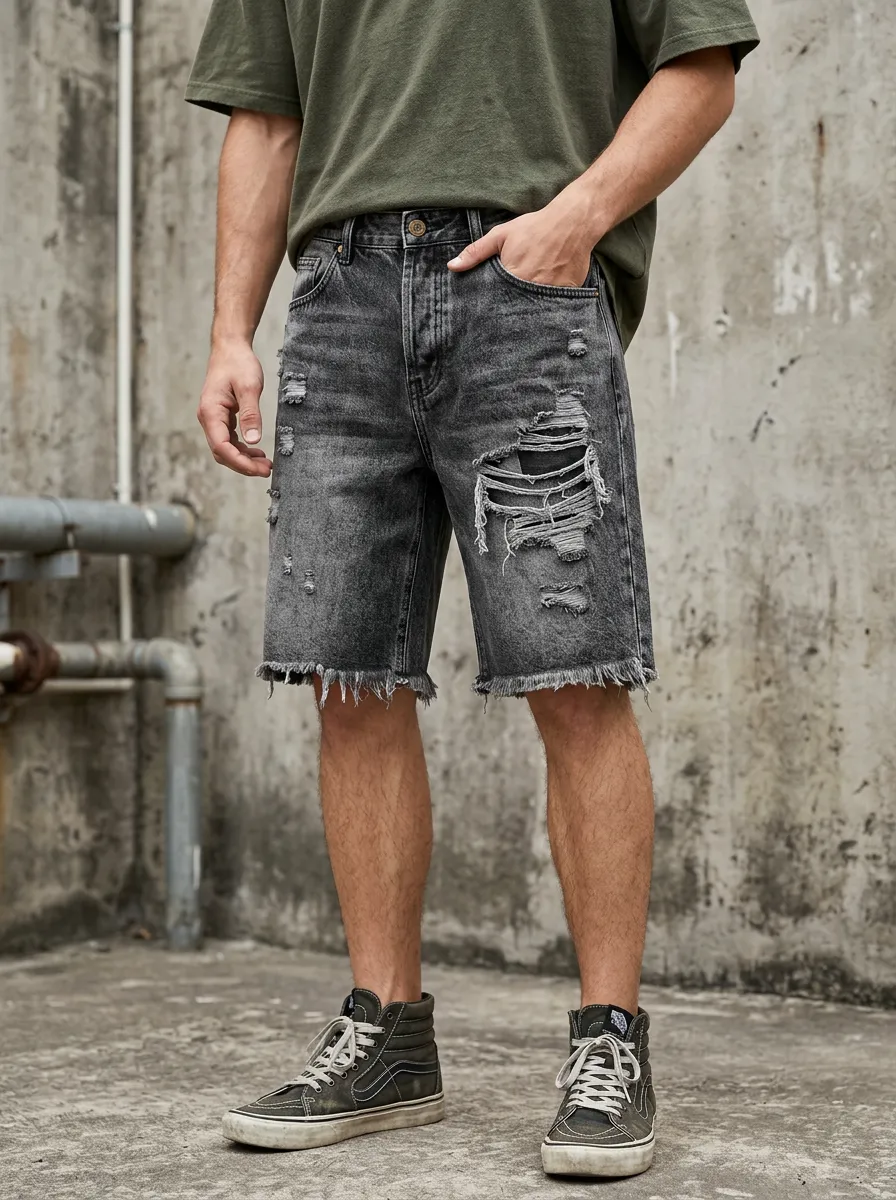 Men's Denim Five Pocket Raw Hem Denim Shorts