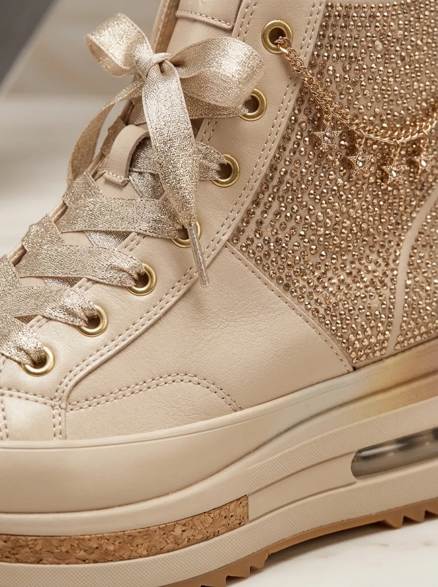Lace-Detail Cork-Detail Lace-Up High-Top Women's Rhinestone Platform Shoes