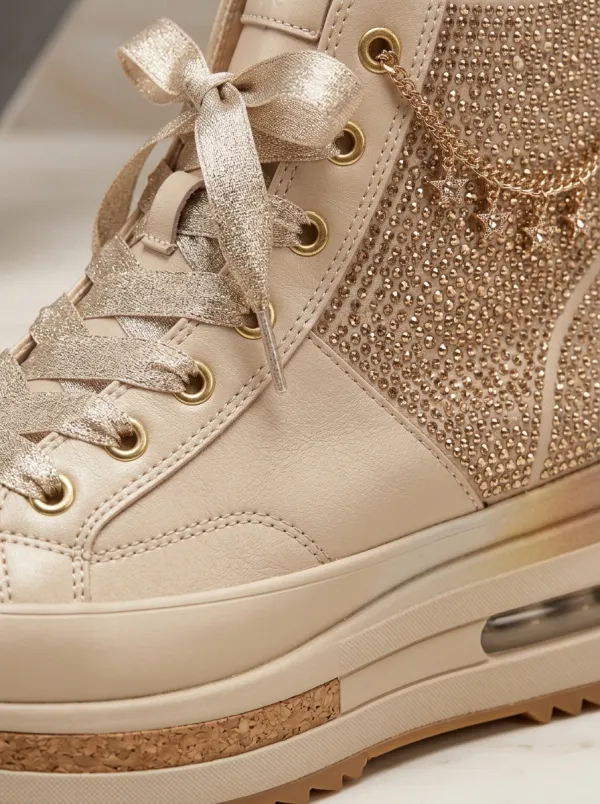 Lace-Detail Cork-Detail Lace-Up High-Top Women's Rhinestone Platform Shoes