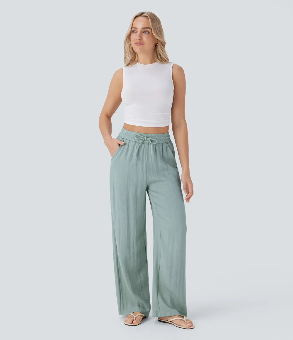 2026🔥  High Waisted Drawstring Pocket Wide Leg Casual Linen-Feel Pants