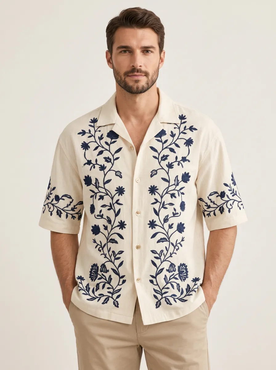 Men's Vintage Inspired Floral Embroidered Short Sleeve Shirt