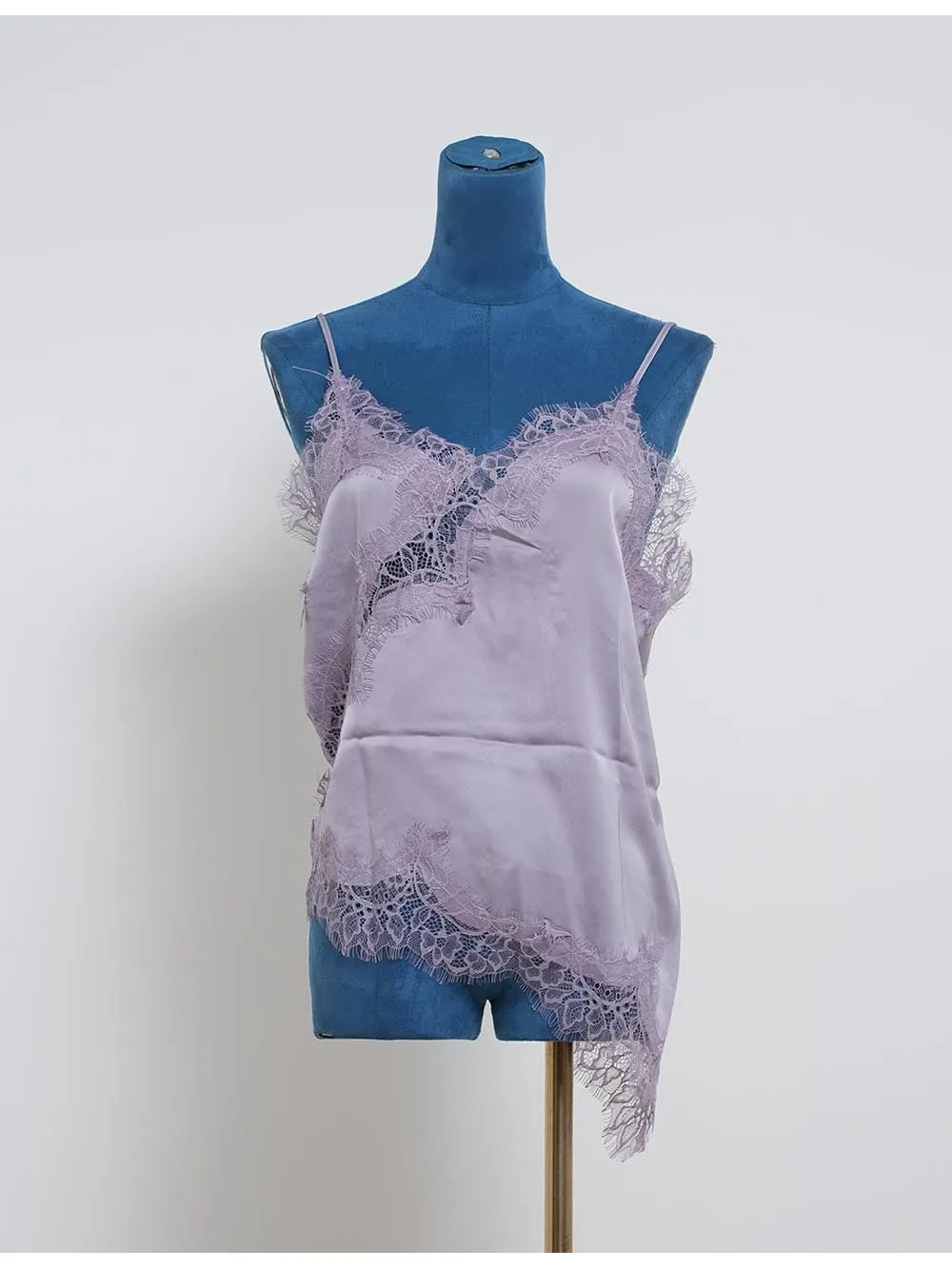 Satin Lace Trim V Neck Irregular Hem Cami Top