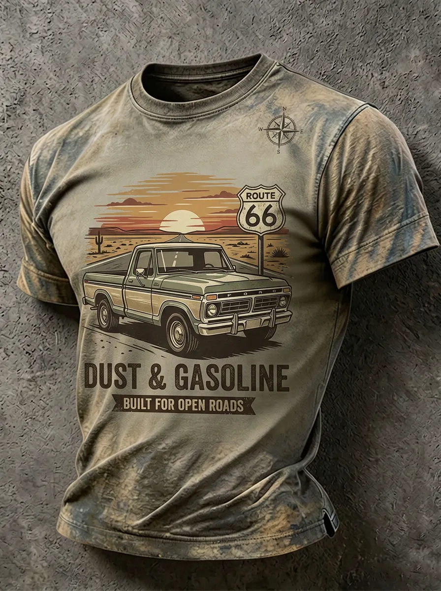 Men's Route 66 Vintage Truck Dust & Gasoline Printed T-shirt