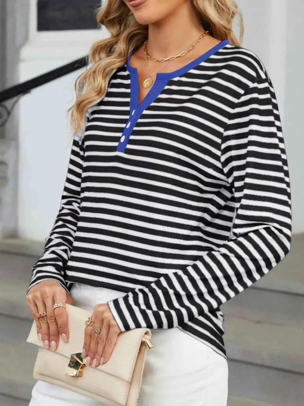 Striped Long Sleeve Henley T-Shirt