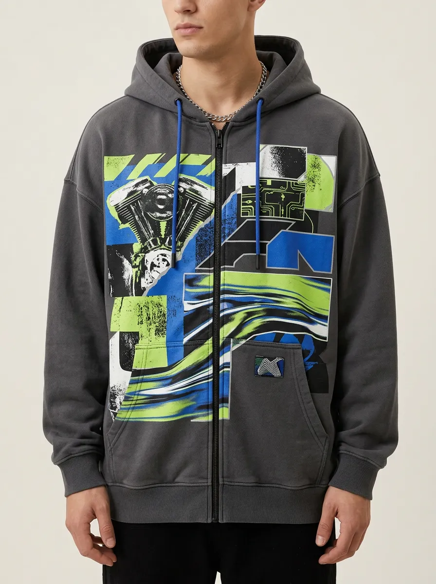Men's Motor Engine Cyberpunk Graphic Printed Zip Up Hoodie