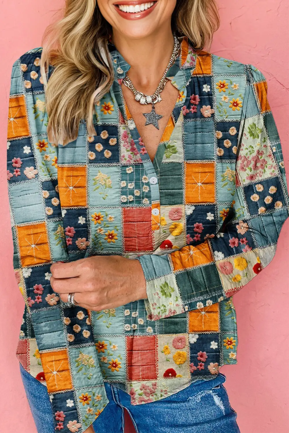 Sky Blue Fall Floral Half Placket Collared V Neck Blouse
