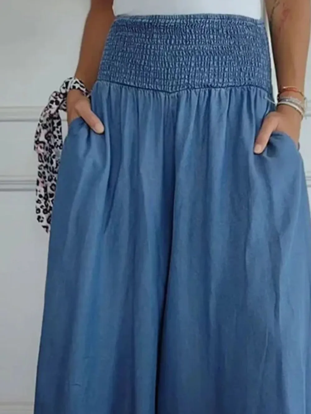 Full Size Smocked Wide Leg Pants With Pocket