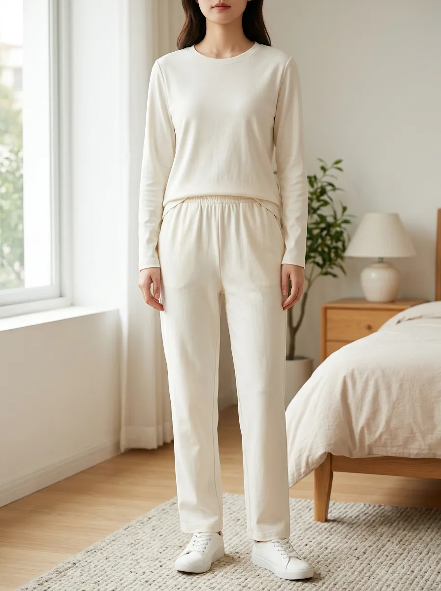 Women's Casual Solid Cream Long Sleeve T-shirt Lounge Set