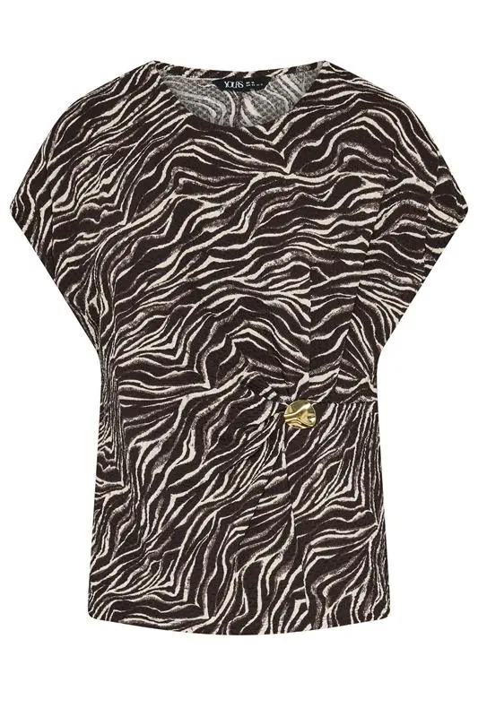 Brown Zebra Print Crinkle Grown On Sleeve Top