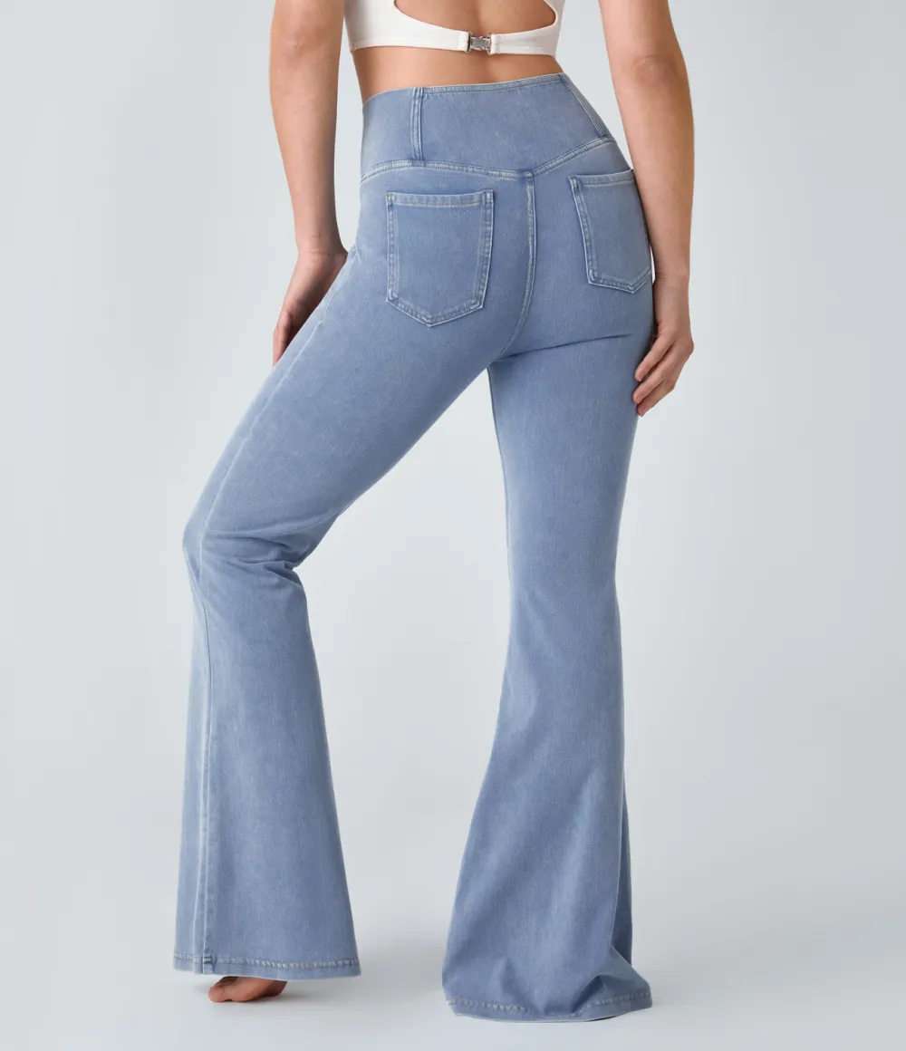 Magic High Waisted Crossover Pocket Cool Touch Washed Stretchy Knit Casual Super Flare Jeans
